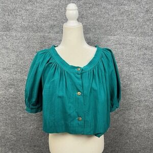 Vtg 1980s Peasant Crop Top Womens XL Teal Wooden Buttons Puff Sleeve Boho Twee